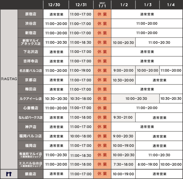 RAGTAG 年末年始 営業情報